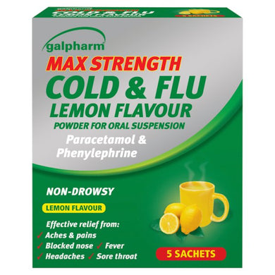 Galpharm Max Strength Cold and Flu Powder for Oral Suspension Lemon Flavour 5 Sachets - Smartkartz.co.uk
